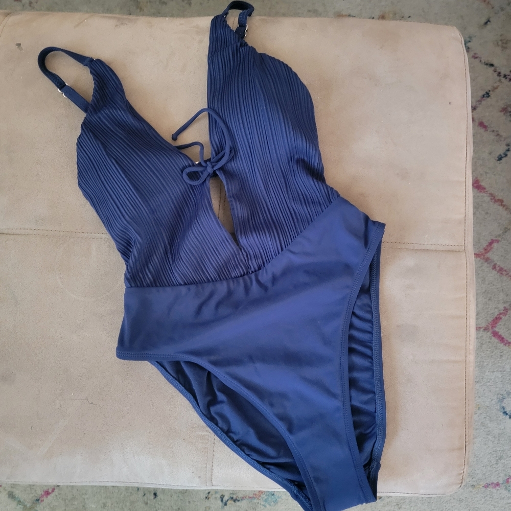 Robin Piccone navy blue ribbed cut out one piece swimsuit 6